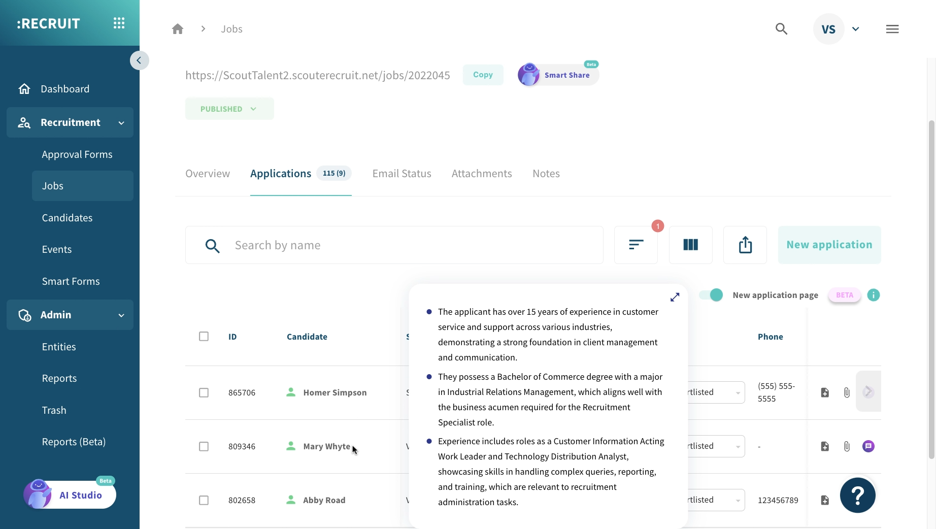 screenshot of SCOUT Recruitment Software